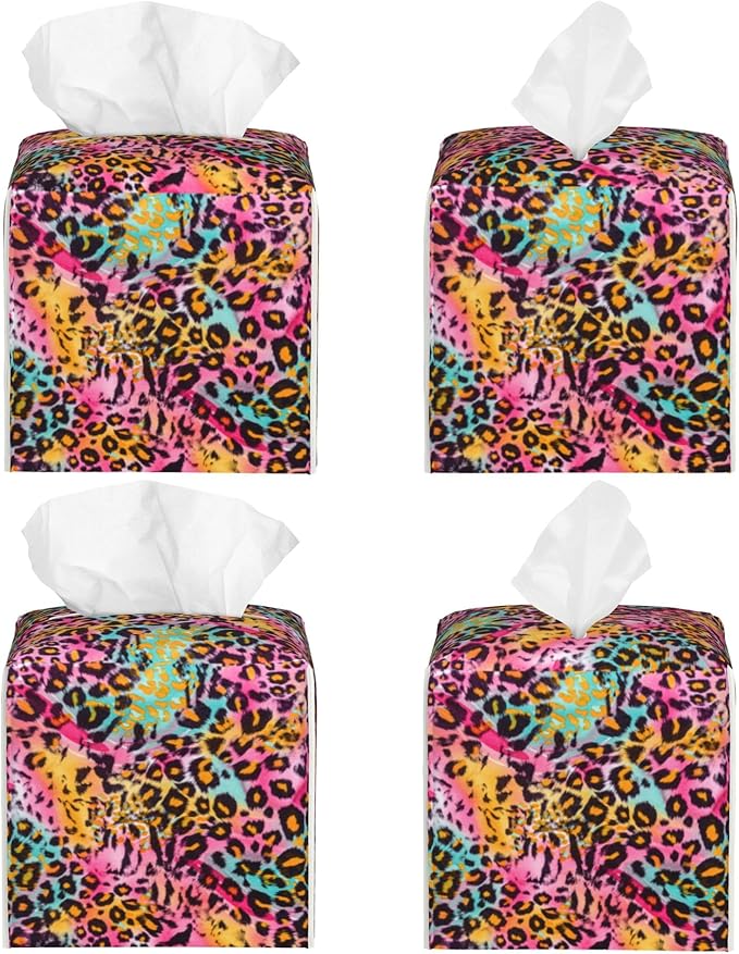POIUBLE Rainbow Colored Leopard Tissue Box Cover Leather Tissue Box Holder Square Facial Paper Organizer Dispenser for Bathroom Kitchen Bedroom Vanity Countertop Night Stands