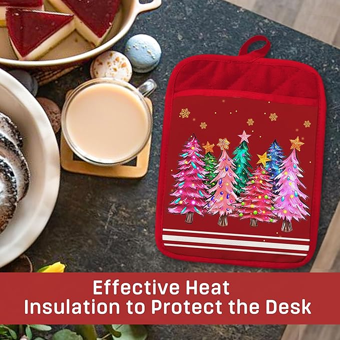 Red Merry Christmas Tree Pot Holders with Pockets, Holiday Winter Snowflake Colorful Christmas Tree Oven Pot Holders Heat Resistant Oven Mitts Hot Pads for Kitchen Baking Cooking, Set of 2
