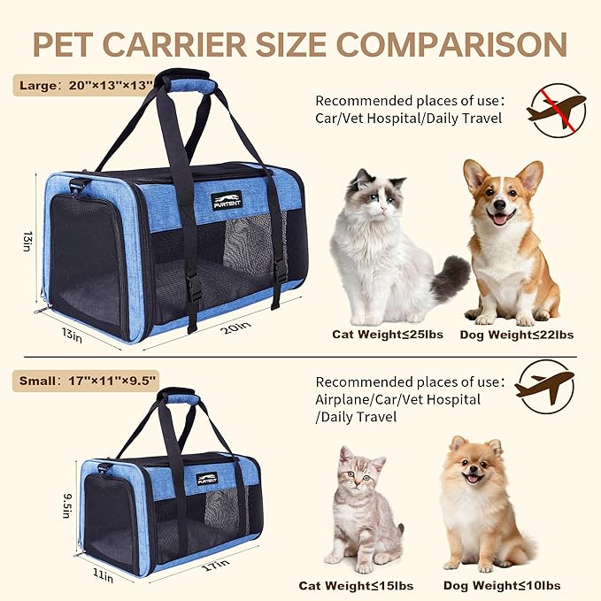 Furtent Large Cat/Dog Carrier up to 25 Pounds, Portable Soft Sided Pet Travel Carriers for Medium Big Cats and Puppy, Collapsible Puppy Crate Outdoor 20x13x13in, Dark Blue
