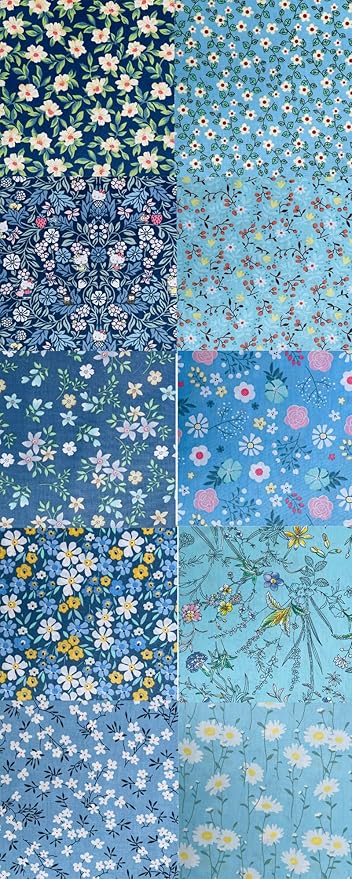 HANPATQUI 50PCS 10 x 10 inch Blue Printed 100% Cotton Fat Quarters Fabric for Sewing and Quilting Bundles Precut Fabric Square for DIY Craft Patchwork