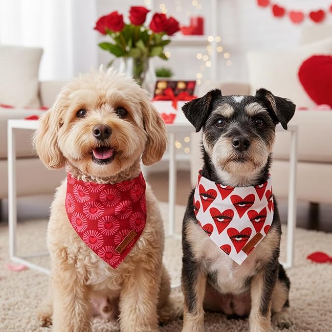ADOGGYGO Valentines Dog Bandana 2 Pack, Heart Sunburst Eyelash Print Puppy Scarf, Durable Fabric, Red Pink Valentine Bandanas for Small Dogs (Small)