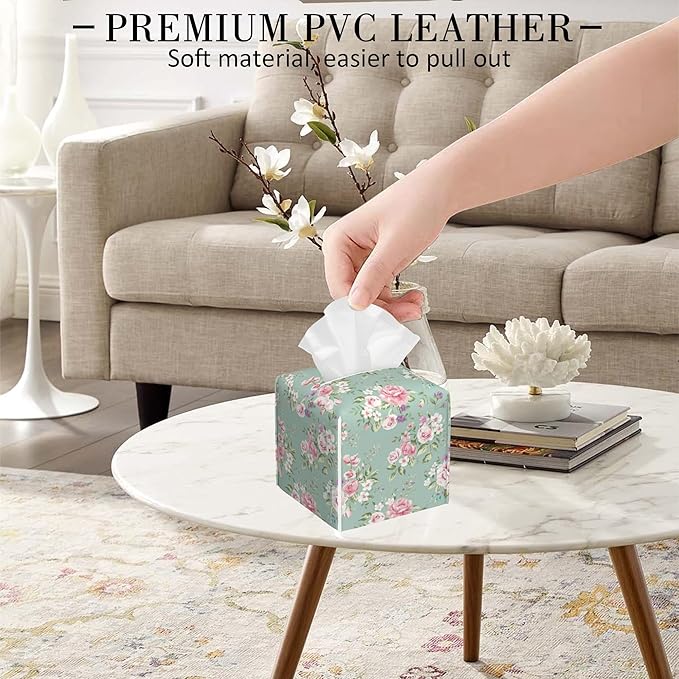 POIUBLE Vintage Floral Tissue Box Cover Pink Rose Leather Tissue Box Holder Square Facial Paper Organizer Dispenser for Bathroom Kitchen Bedroom Vanity Countertop Night Stands