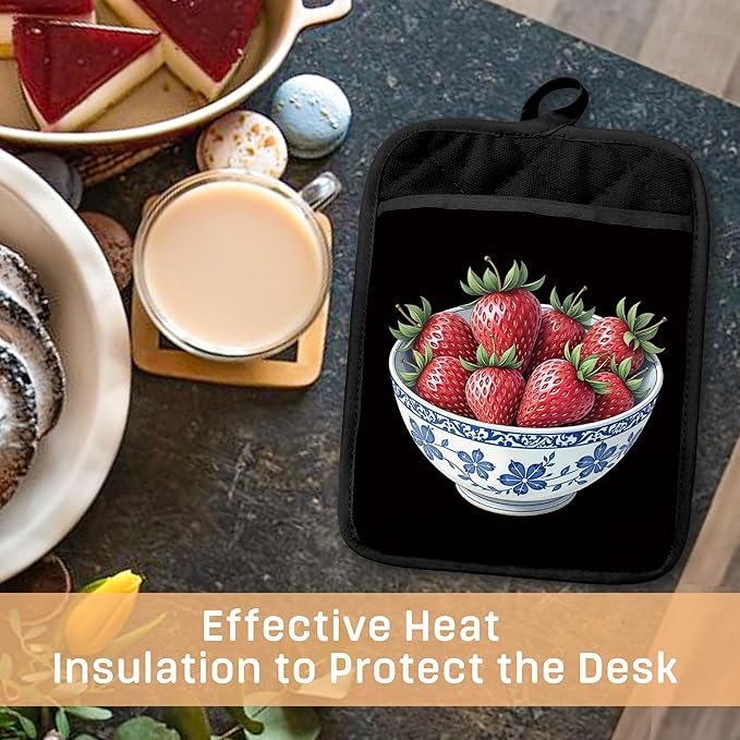 Chinoiserie Strawberry Cake Pot Holders with Pockets, Red and White Grandmillennial Strawberry Fruit Oven Pot Holders Heat Resistant Oven Mitts Hot Pads for Kitchen Baking Cooking