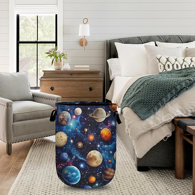 Planets Galaxy Laundry Basket with Sturdy Handles, Universe Collapsible Oxford Cloth Laundry Hamper Organizer Basket for Bathroom Bedroom 15.7x20 Inch