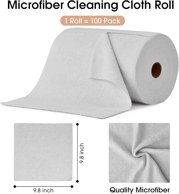 KitchLife Microfiber Cleaning Cloth Roll, 100 Pack - Tear-Away Microfiber Paper Towels, Lint-Free, Reusable, Washable for Kitchen, Car, Dishes, and Sensitive Surfaces (Light Gray)