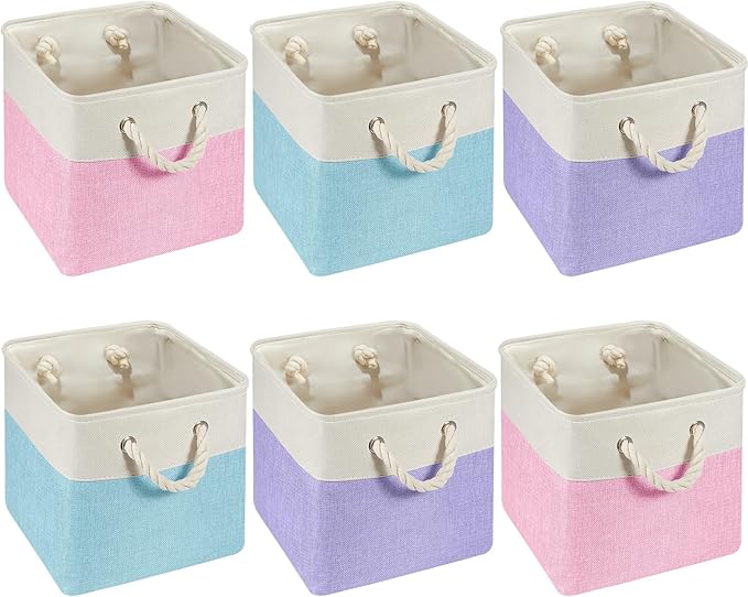 Geiserailie 6 Pcs 11 x 11 Inch Cube Storage Bins Fabric Storage Organizer Bins Foldable Cube Baskets with Sturdy Carry Handles Wicker Baskets for Home(11 x 11 Inch,Mermaid Color)