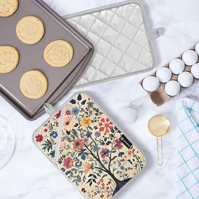 Pot Holders Set of 2 Flowers Pattern Hot Pads for Kitchen Heat Resistant Potholders Sets for Kitchen and Baking 7x9.8in