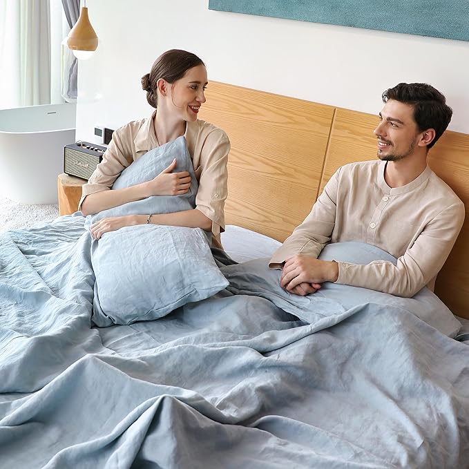 Simple&Opulence Belgian Linen Sheet Set Solid Color - 4 Pieces (1 Flat Sheet, 1 Fitted Sheet & 2 Pillowcases) Natural Flax Cotton Blend Soft Breathable Farmhouse Bedding - California King, Dusty Blue