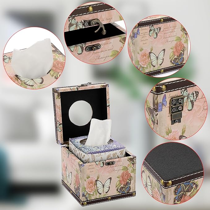 Sumnacon Tissue Box Retro Wood Square Tissue Box Cover Vintage Cube Tissue Box Holder,Decorative Tissue Holder for Bedroom Bathroom Toilet Table Desk Car Store Office Home Pink