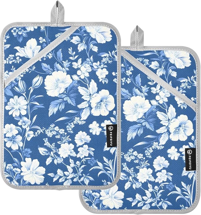 Pot Holders Set of 2 Blue Flower Hot Pads for Kitchen Heat Resistant Potholders Sets for Kitchen and Baking 7x9.8in