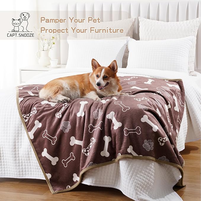 CAPT.SNOOZE Waterproof Dog Blankets Pet Blanket 60"x80", Soft Fluffy Sofa Car Bed Protector, Reversible Sherpa Fleece Dog Blanket for Large Dogs (Chocolate Brown-Bones)