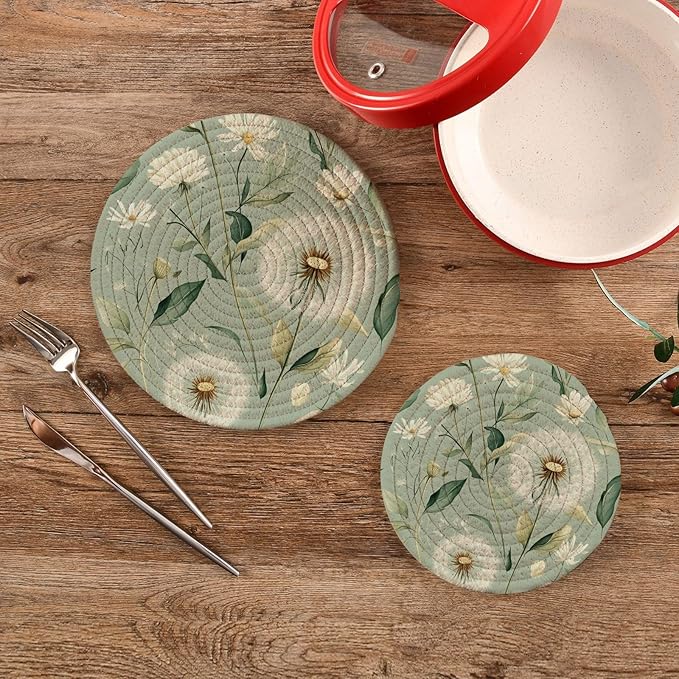 Sage Green Dandelions Trivets for Hot Dishes Pots and Pans Potholders Woven Trivet Cotton Round Large Pot Holder Decor Heat Resistant Hot Pads Mat for Table Counter Cooking Potholder Set of 2 (