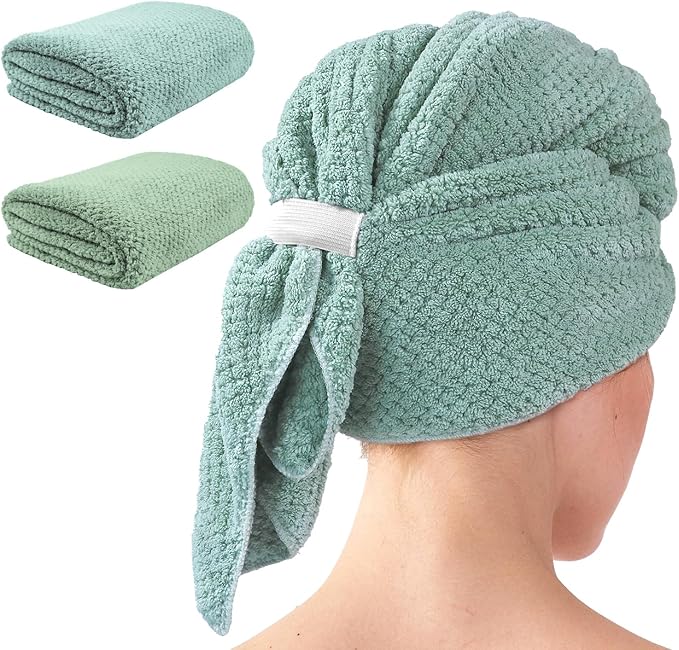 my novel things 2 Pack Extra Large Microfiber Hair Towel Wrap, 37.4" x 26.4" for Women, Super Absorbent & Quick Dry Hair Towel with Elastic Strap for Curly Hair Green