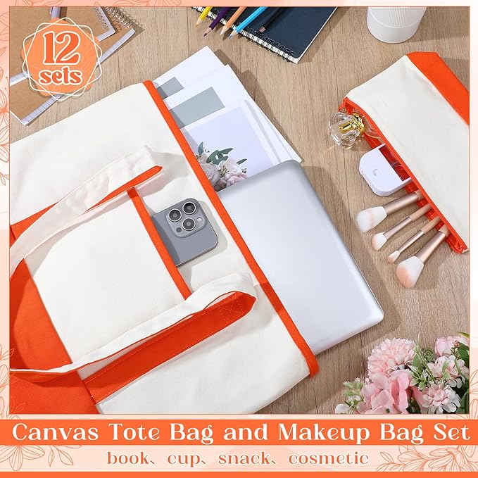 Sanwuta Canvas Tote Bags Bulk with Outer Pocket and Makeup Pouch 18'' Reusable Grocery Bags with Handles for Women Beach DIY