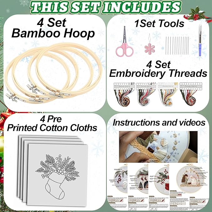 QBQBQ 4 Sets Embroidery Kits for Beginners, Cross Stitch Kit with Videos, Patterns, Needles, Threads, Bamboo Hoop & Supplies, Includes Winter Designs, Holiday Gifts & Home Decor Art (Christmas Kits A)
