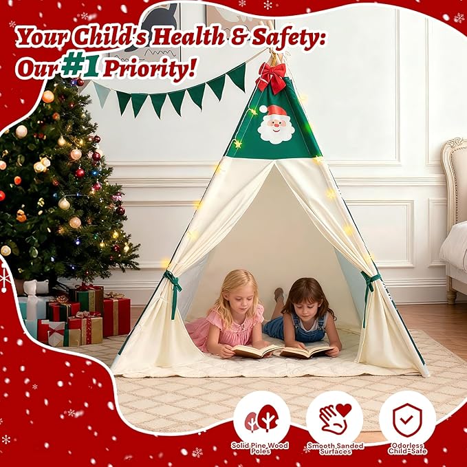 Duwenem Teepee Tent for Kids, Play Tent with Padded Mat & Star Lights, Indoor Play Tent for Girls & Boys (Christmas Teepee, 47 * 47 * 60in)
