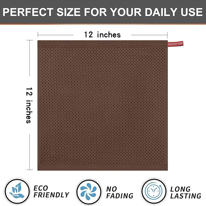 Kitinjoy 100% Cotton Kitchen Dish Cloths (12 X 12 Inches, Coffee),6 Pack Waffle Weave Ultra Soft Absorbent Dish Towels for Drying Dishes Quick Drying Kitchen Towels Dish Rags