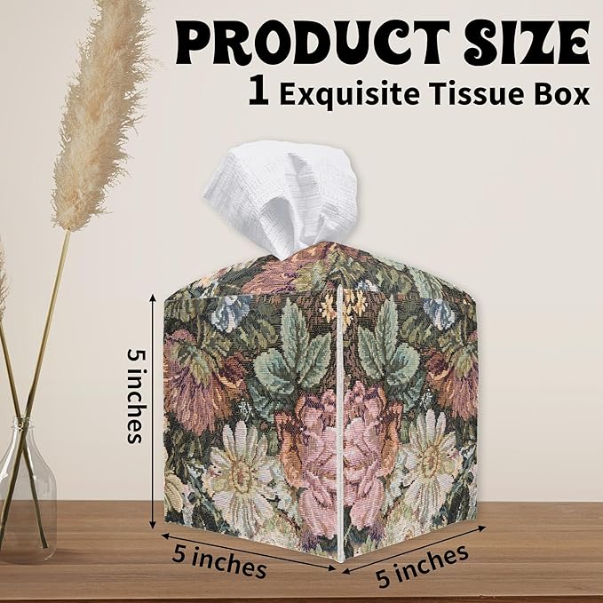 Vintage Flower Square Tissue Box Holder Cover, Tissue Cube Box Organizer for Bathroom, Living Room, Office, Countertop, Car, Night Stands, Modern Home Desk Tabletop Decor - A05