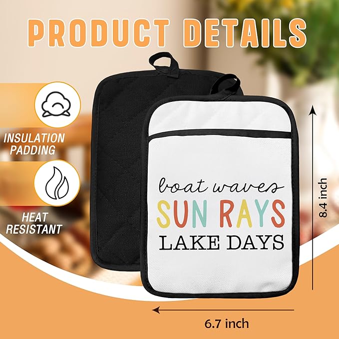 Lake Gifts Pot Holders with Pockets, Lake House Life Gifts for Women, Boat Waves Sun Rays Oven Pot Holders Heat Resistant Oven Mitts Hot Pads for Kitchen Baking Cooking