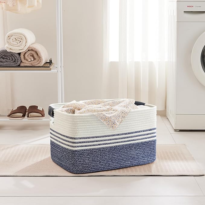 SunNewt 60L Large Laundry Basket with Leather Handles for Living Room Storage, Woven Rope Baskets Bin for Blanket, Kids Toy, Gifts, Wicker Hamper for Bedroom Dirty Clothes, 21"x15"x11" Denim Blue