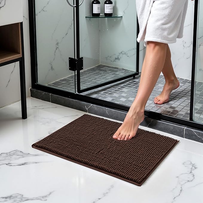 SUBRTEX Bathroom Rugs Chenille Bath Rug Soft Short Plush Bath Mat Soft Shower Mat Water Absorbent Shower Mat Quick Dry Machine Washable(Chocolate,16" x 24")