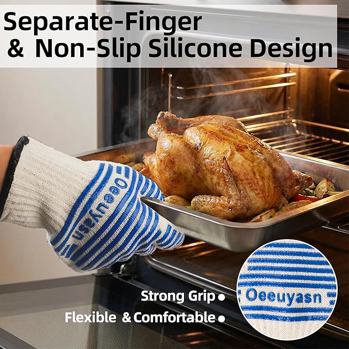 2PCS Super Heat Resistant Oven Gloves, 1472℉ High Temp BBQ Grill Gloves, Silicone Non-Slip Oven Mitts with Fingers, for Barbecue, Grilling, Cooking, Baking