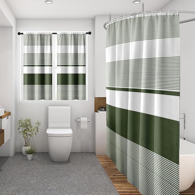 Culudea Striped Modern Boho Waffle Textured Cloth Shower Curtain Set, Sage Green White Horizontal Stripe Bathroom Window Waterproof Shower Curtains for Bathroom Decor