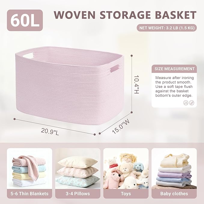 SunNewt 60L Small Baby Girls Laundry Basket for Nursery Storage,Cute Woven cotton Rope Baskets for Kids Toy，Gifts, Boho Square Wicker Blanket hamper for Living Room,Bedroom Dirty Clothes,Pink
