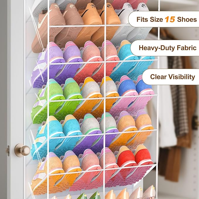 30 Pairs Over the Door Shoe Organizer, Transparent PVC Hanging Shoe Rack for Closet, 10-Tier Door Shoes Storage, Crystal-Clear Visibility Fit All the Family's Sneakers, Boots, Heels, White Frame