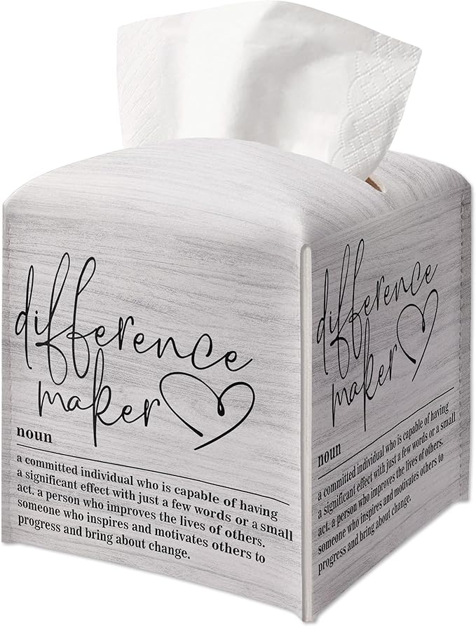 Square Tissues Cube Boxes Cover, Wood Pattern Leather Tissue Box Cover Holder, Inspirational Quote Gift Ideas for Friends, Difference Maker Decor for Bathroom Office-(5.2 Inches) A22