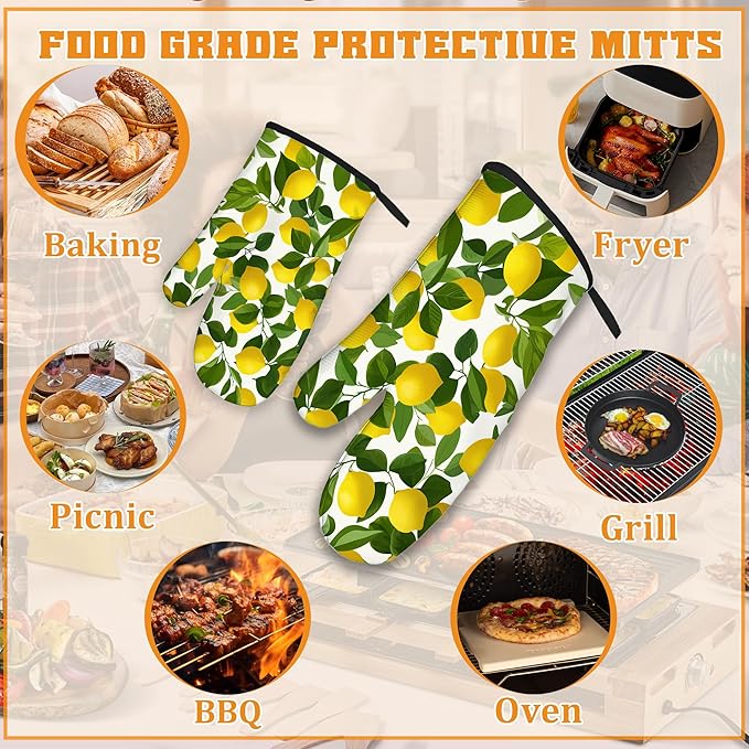 Lemon Oven Mitts and Pot Holders Set,Kitchen Decor Heat Resistant Non Slip Hot Pads and Oven Mitt for Chef Cooking Baking BBQ Mom Girl Gifts(4 Piece Set)
