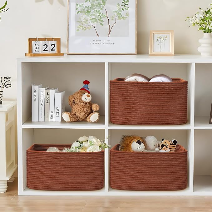 4 Pack Large Storage Basket for Organizing, 17.5"x13.5"x7.5" Woven Basket for Shelves, Closet Cube Storage Bins with Wrapped Handle, Cotton Rope Baskets for Kitchen, Clothes, Toys(Oxide Red)