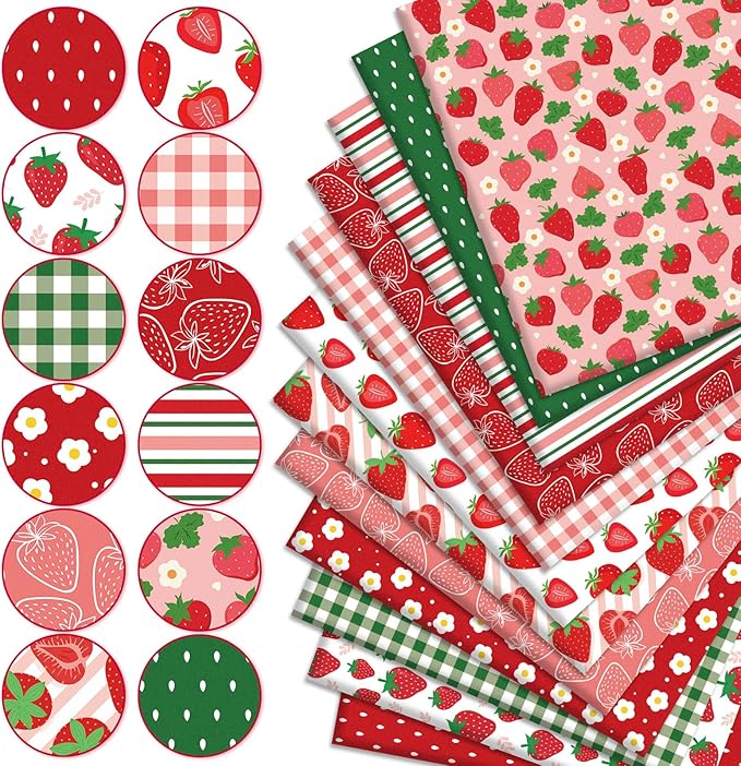 JarThenaAMCS 12Pcs Strawberry Cotton Fabric Bundles 18 x 22 Inch Strawberry Flower Plaid Fat Quarters Colorful Sewing Fabrics for DIY Craft Party Decor