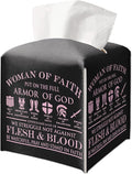 Tissue Box Gifts with Leather Cover Square, Woman of Faith Gift Ideas for Friends, Black Tissue Box, Armor of God, Desk Decor for Bathroom Office, New Home Favor-(5.2 Inches)