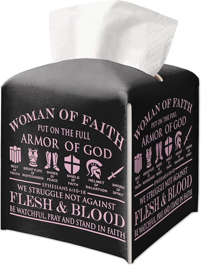 Tissue Box Gifts with Leather Cover Square, Woman of Faith Gift Ideas for Friends, Black Tissue Box, Armor of God, Desk Decor for Bathroom Office, New Home Favor-(5.2 Inches)