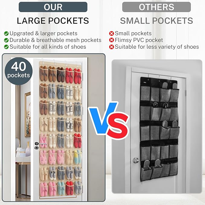 Hualleko 40-Pocket Over the Door Shoe Organizer - Large Mesh Pocket Hanging Shoe Organizer,Behind the Door Shoes Storage Holder Hanger