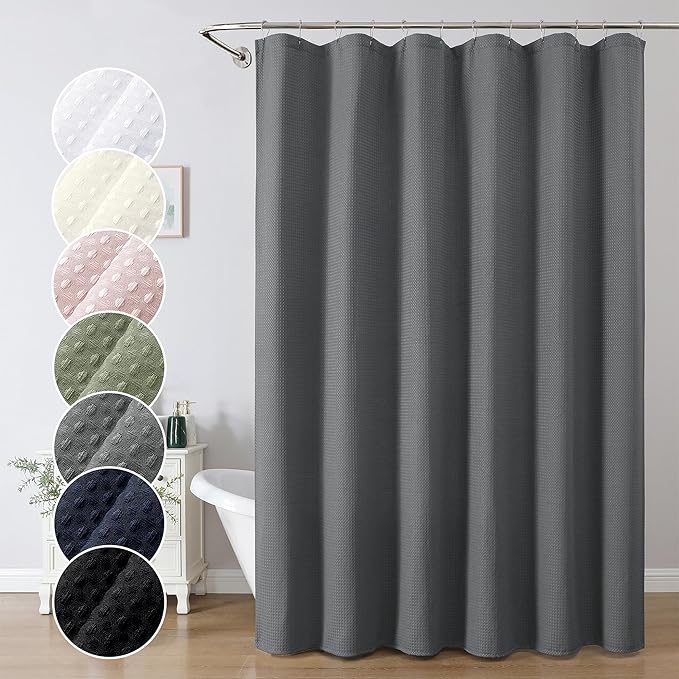 OWENIE Grey Shower Curtain 84 Inches Extra Long, Waffle Weave Heavy Fabric Shower Curtain for Bathroom, Waterproof Soft Hotel Spa Luxury Elegant Bath Curtains, Machine Washable, Grey, 72x84 Inch