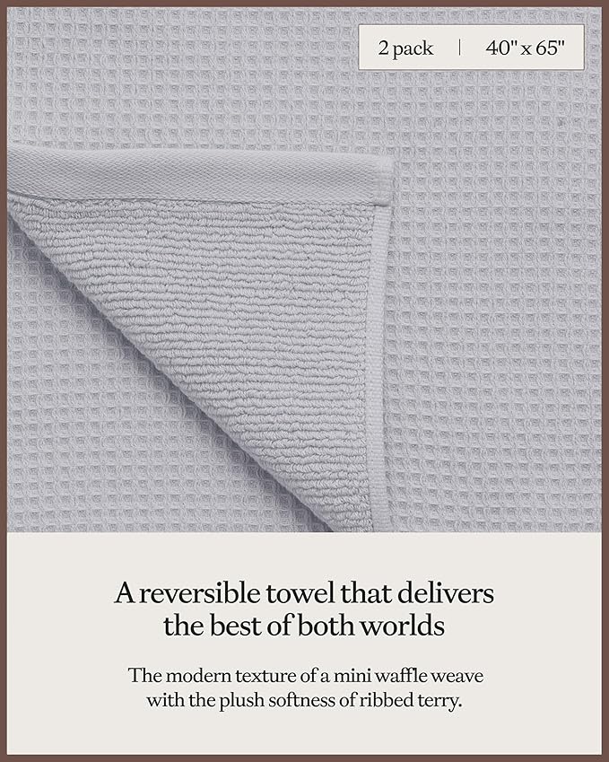Cozy Earth Waffle Bath Sheets - 60% Cotton 40% Viscose from Bamboo Bath Sheets 40 x 65 Inches - Soft & Absorbent Terry, Reversible Mini Textured Waffle & Weave Pattern - 2 Pack
