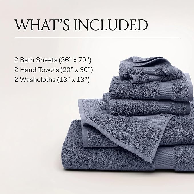 BOLL & BRANCH Plush Bath Sheet Set - Mineral - 6 Piece - Includes 2 Oversized Bath Sheets, 2 Hand Towels & 2 Washcloths - 100% Organic Cotton - Ultra Soft & Luxurious - Quick Absorbing