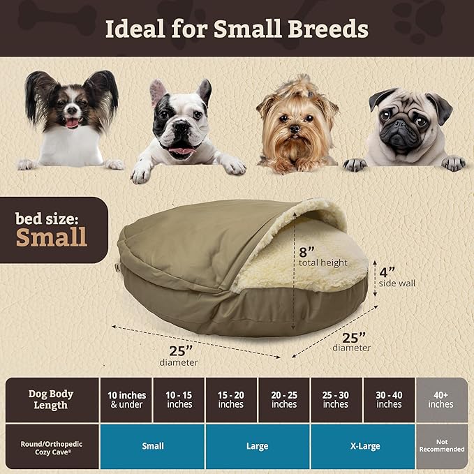 Snoozer Cozy Cave Dog Bed - Indoor Dog Bed with Cover Cave, Covered Calming Burrow for Medium & Large Sized Pets with Blanket Attached, Enclosed, Removable Washable Cover - Small, Khaki