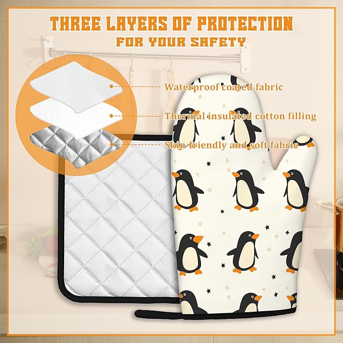 Cute Penguin Oven Mitts and Pot Holders Set,Kitchen Decor Heat Resistant Non Slip Hot Pads and Oven Mitt for Chef Cooking Baking BBQ Mom Girl Gifts(4 Piece Set)