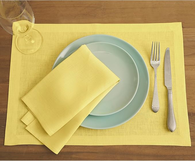 Solino Home Linen Cloth Napkins Set of 4-100% Pure Linen Sunshine Yellow Dinner Napkins 20 x 20 Inch for Spring, Easter - Fete, Handcrafted and Machine Washable