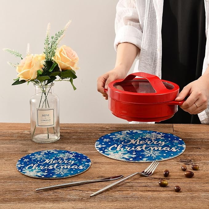 Boccsty Blue Snowflakes Pattern Trivet Mat 2PCS Christmas Round Woven Potholders Kitchen Table Countertop Protector Hot Pads Farmhouse Coasters Counter Mats for Cooking Baking