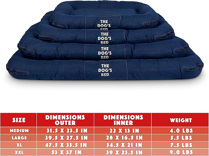 The Dog’s Bed Utility Waterproof Dog Bed, Large, Blue Denim – Durable Outdoor Denim Fabric, Tough YKK Zippers, Washable Removable Reversible Cover, for Home Car Crate Kennel & Yard