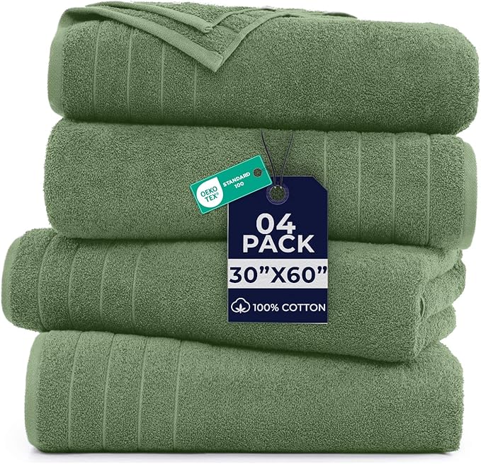 DAN River Extra Large Bath Towels Set of 4, 30 x 60 Inches - 100% Cotton Larger & Lighter Weight Towels for Bathroom - Quicker to Dry, Super Soft & Highly Absorbent Towels for Home, Sage Green