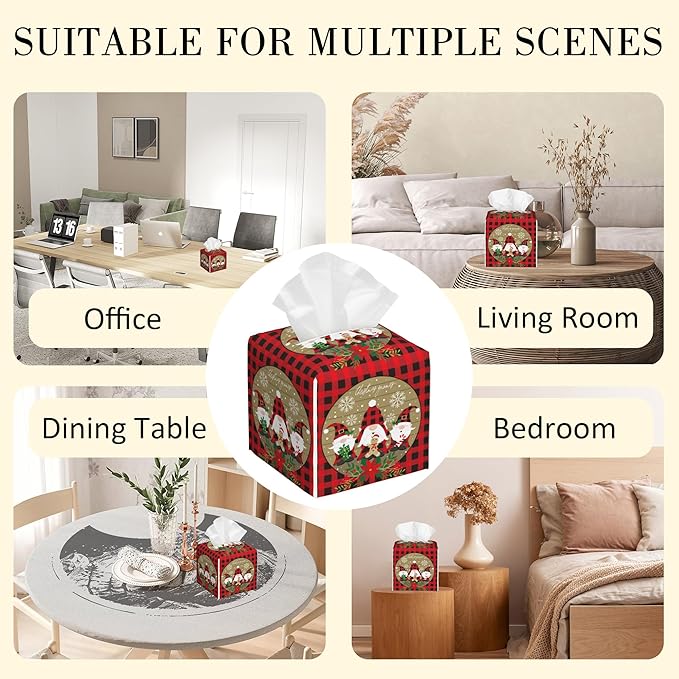 Red and Black Buffalo Plaid Leather Tissue Box Holder Christmas Gnomes Tissue Box Cover Square Waterproof Tissue Holder Organizer Modern Napkin Holder for Bedroom Dresser Night Stand Office Desk