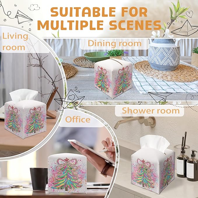 Christmas Tree Tissue Box Holder, Colorful Christmas Tree Leather Tissue Box Cover Square, Paper Facial Decorative Tissues Cover for Night Stands Bathroom Kitchen Office Home Decor-B01