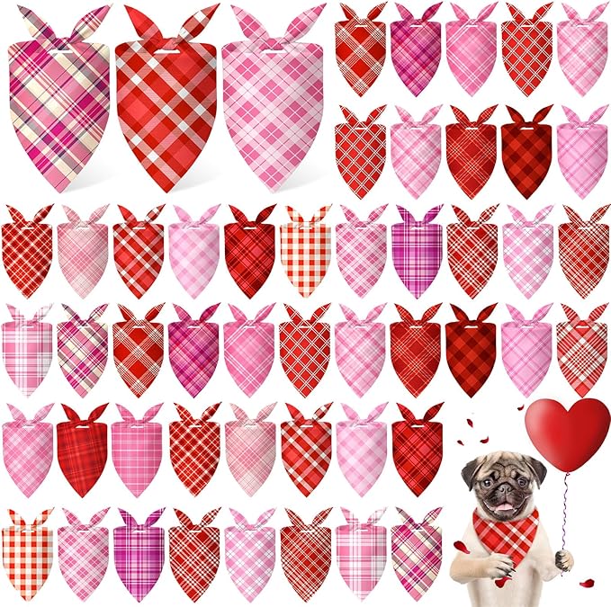 Abbylike 50 Pcs Valentines Day Plaid Dog Bandanas Bulk Pink Red Bandanas for Dogs Triangle Kerchief Bibs Scarf for Pet Romantic Costume Photo Props Accessories Pet Shops Groomers (19.7 x 13.8 x 13.8)