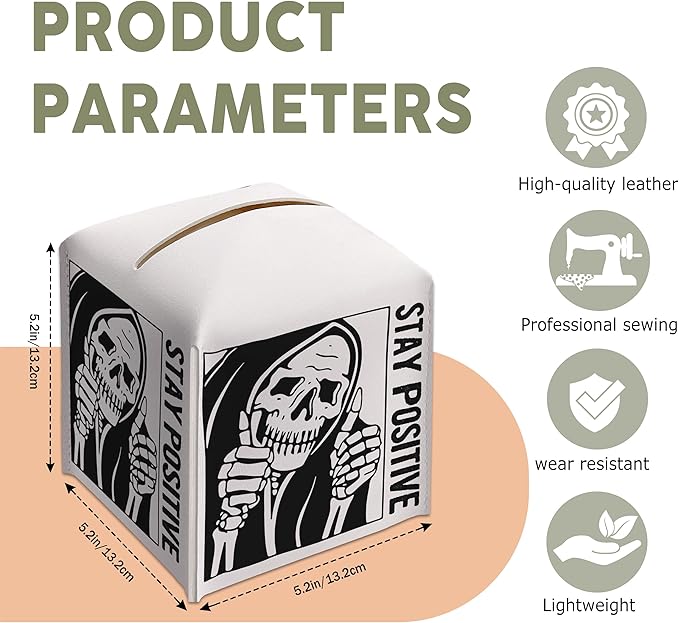 Tissue Box Gifts with Leather Cover Square, Inspirational Gift Ideas for Friends, Stay Positive, Skeleton Desk Decor for Bathroom Toilet Office, New Home Favor-(5.2 Inches)