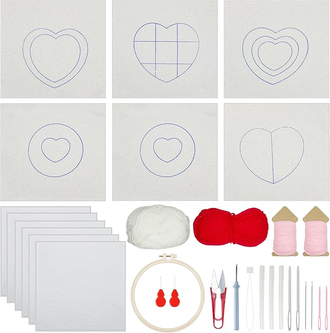 Allazone Punch Needle Kits, Punch Needle Coasters Kit, Punch Embroidery Kit with Felt Yarns Hoop Tools for DIY Coaster Crafts (Heart-Shaped)